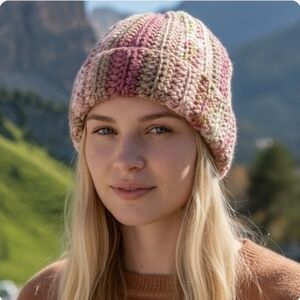 Cozy Pink and Beige Knit Beanie